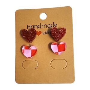 Sweetheart Patchwork Sparkle Heart Acrylic Stud Earrings - 2 Pair
